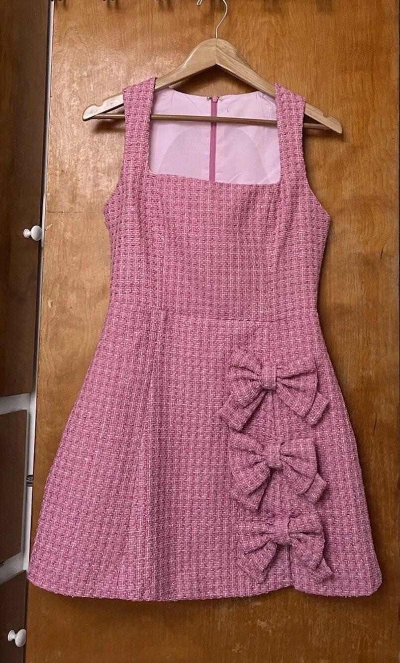 Elliatt Alia Pink Tweed A Line Mini Dress Square Neck Girly Preppy Bows Size M